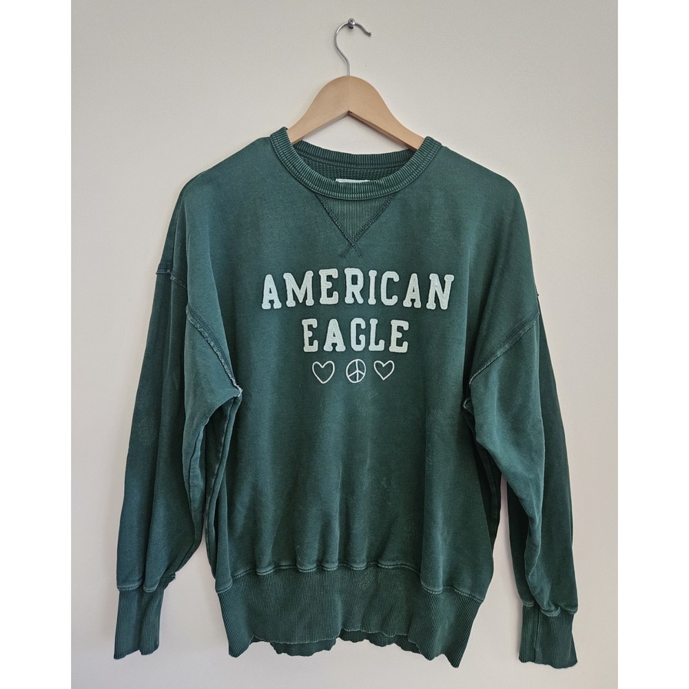 American Eagle Peace Heart Sweatshirt Small S Green Oversized Fleece Crewneck AE